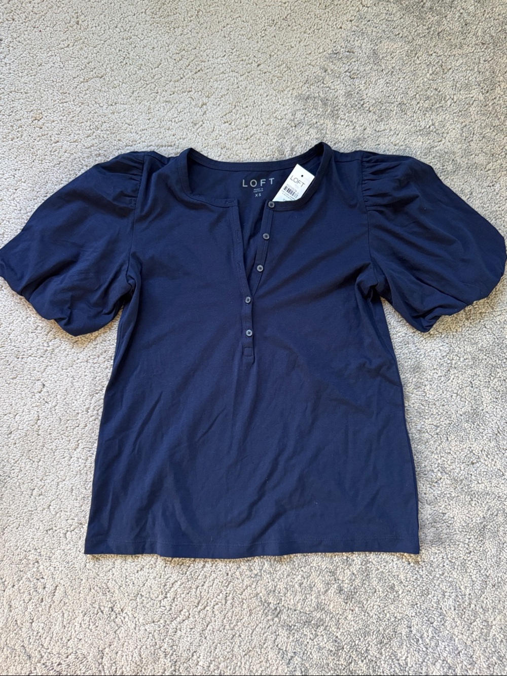LOFT Navy Puff Sleeve Henley Button Front Top